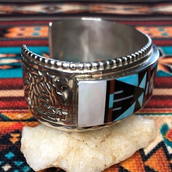 R&L Vacit Inlayed Turquoise, Coral, Onyx, & M Pearl Sunface Sterling Zuni Cuff - Picture 2 of 4